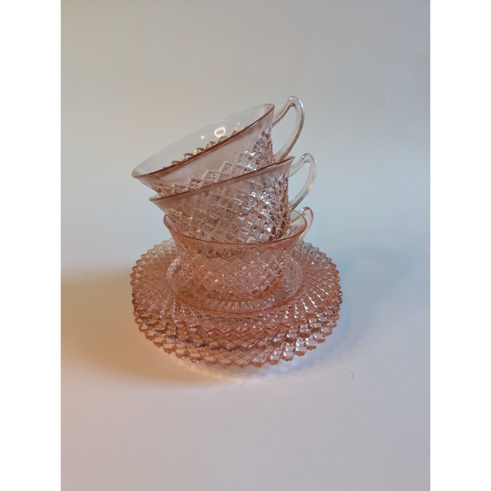 3 Anchor Hocking MISS AMERICA PINK TEA/COFFEE CUPS & SAUCERS